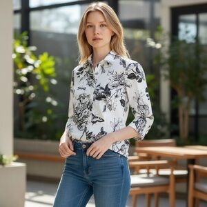 TALBOTS sz 2 Petite Blouse Botanical Button Front White Black